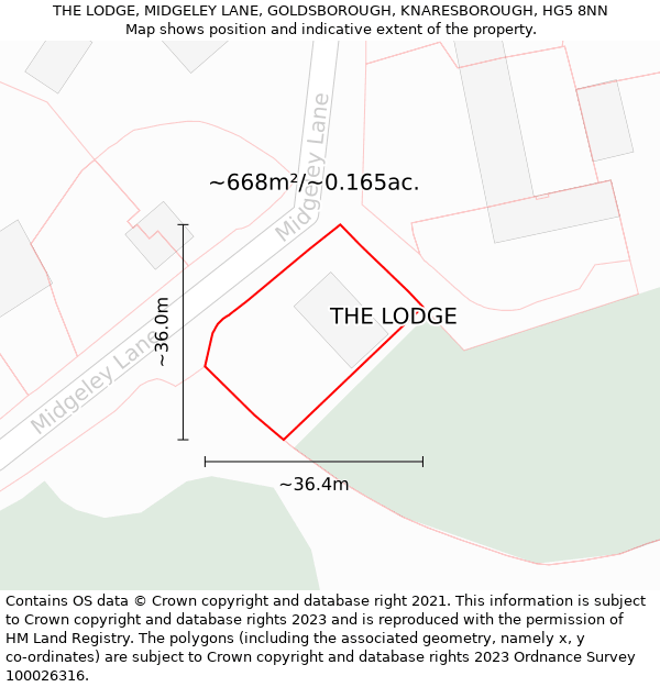 THE LODGE, MIDGELEY LANE, GOLDSBOROUGH, KNARESBOROUGH, HG5 8NN: Plot and title map