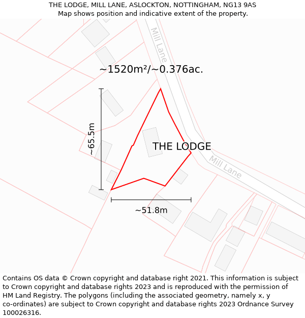 THE LODGE, MILL LANE, ASLOCKTON, NOTTINGHAM, NG13 9AS: Plot and title map