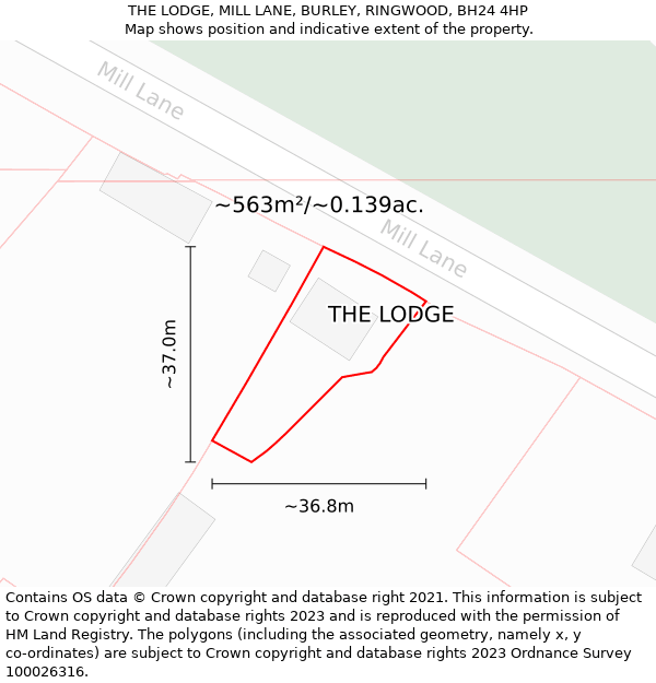 THE LODGE, MILL LANE, BURLEY, RINGWOOD, BH24 4HP: Plot and title map