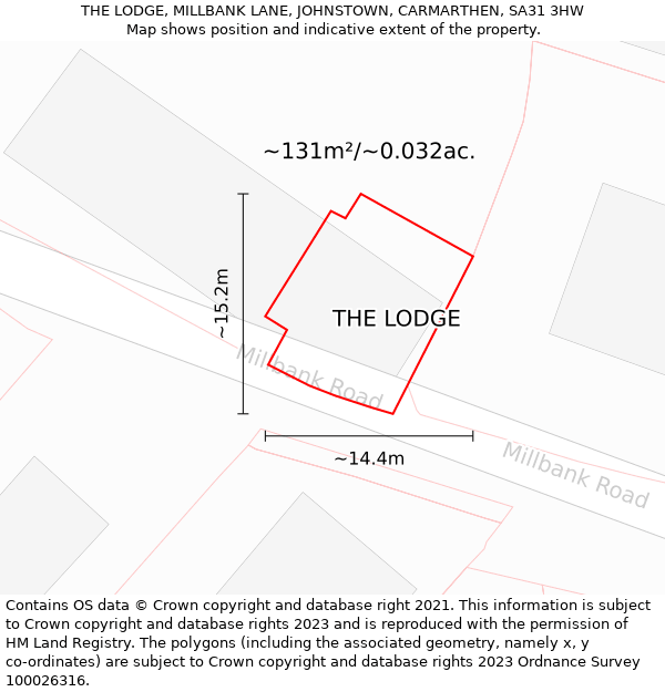 THE LODGE, MILLBANK LANE, JOHNSTOWN, CARMARTHEN, SA31 3HW: Plot and title map
