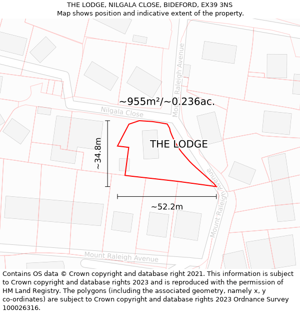 THE LODGE, NILGALA CLOSE, BIDEFORD, EX39 3NS: Plot and title map