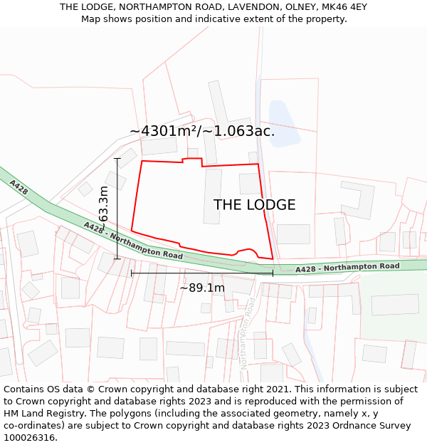 THE LODGE, NORTHAMPTON ROAD, LAVENDON, OLNEY, MK46 4EY: Plot and title map