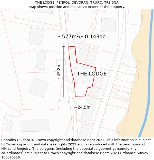 THE LODGE, PENPOL, DEVORAN, TRURO, TR3 6NA: Plot and title map