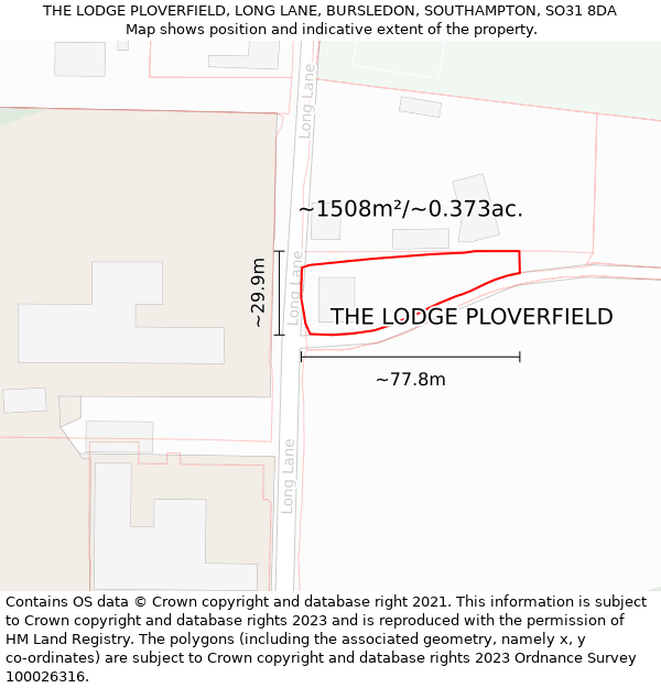 THE LODGE PLOVERFIELD, LONG LANE, BURSLEDON, SOUTHAMPTON, SO31 8DA: Plot and title map
