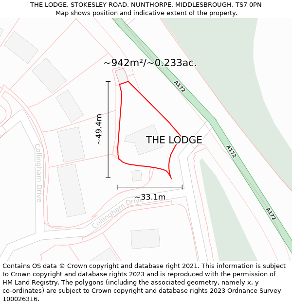 THE LODGE, STOKESLEY ROAD, NUNTHORPE, MIDDLESBROUGH, TS7 0PN: Plot and title map