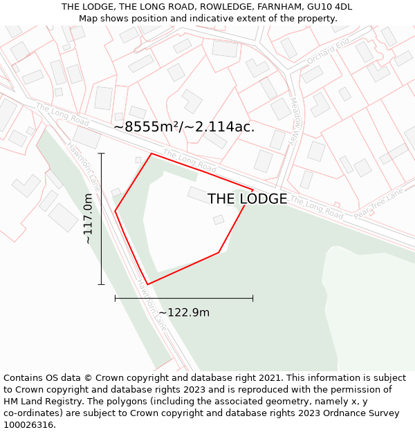 THE LODGE, THE LONG ROAD, ROWLEDGE, FARNHAM, GU10 4DL: Plot and title map