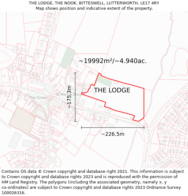 THE LODGE, THE NOOK, BITTESWELL, LUTTERWORTH, LE17 4RY: Plot and title map