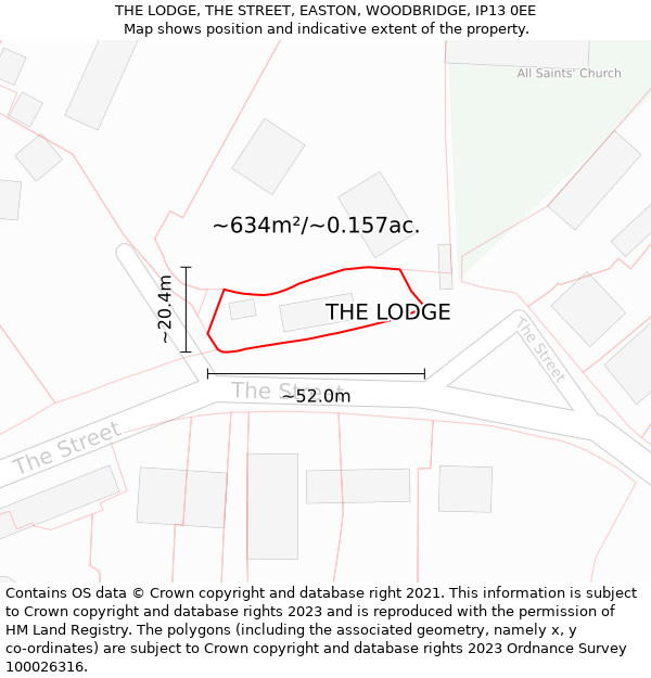 THE LODGE, THE STREET, EASTON, WOODBRIDGE, IP13 0EE: Plot and title map