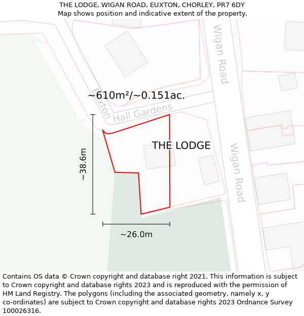 THE LODGE, WIGAN ROAD, EUXTON, CHORLEY, PR7 6DY: Plot and title map