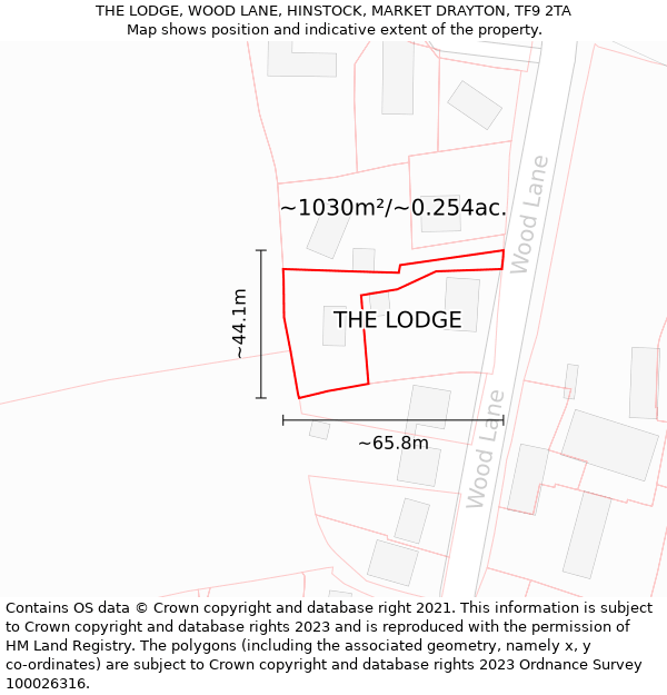 THE LODGE, WOOD LANE, HINSTOCK, MARKET DRAYTON, TF9 2TA: Plot and title map