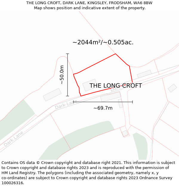 THE LONG CROFT, DARK LANE, KINGSLEY, FRODSHAM, WA6 8BW: Plot and title map