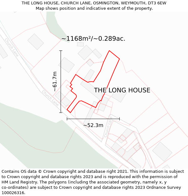 THE LONG HOUSE, CHURCH LANE, OSMINGTON, WEYMOUTH, DT3 6EW: Plot and title map