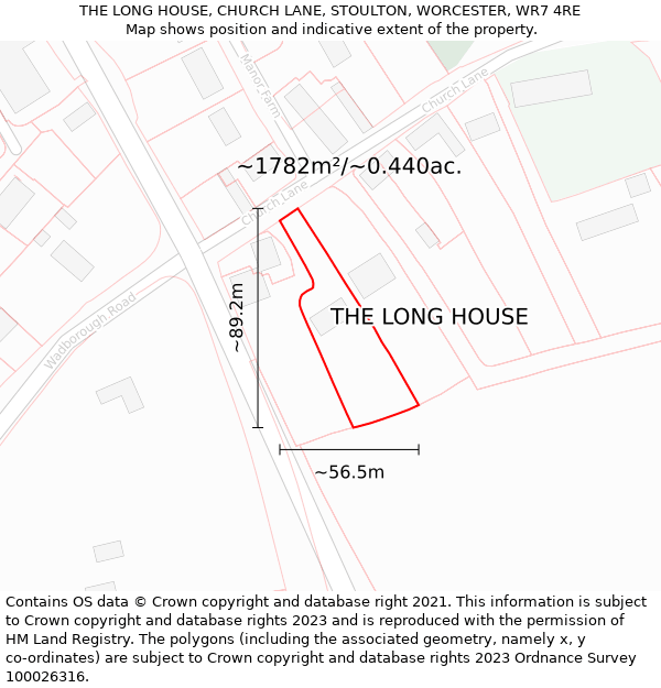 THE LONG HOUSE, CHURCH LANE, STOULTON, WORCESTER, WR7 4RE: Plot and title map
