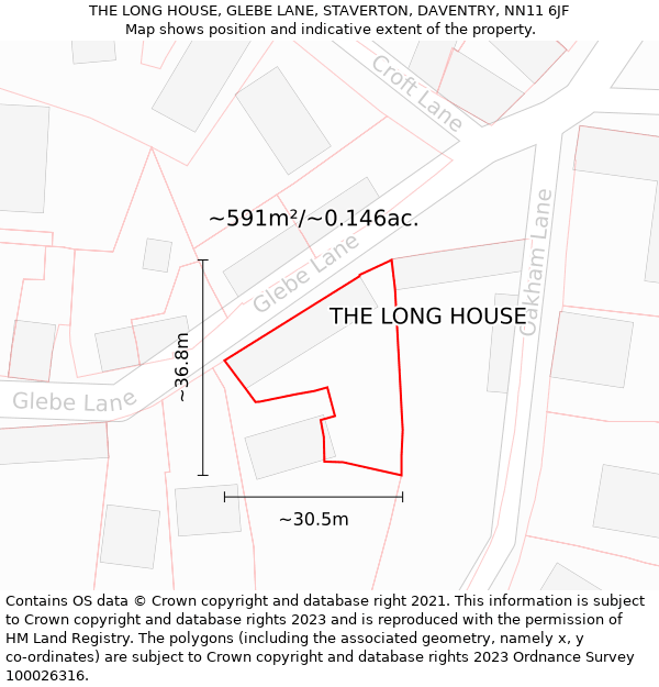 THE LONG HOUSE, GLEBE LANE, STAVERTON, DAVENTRY, NN11 6JF: Plot and title map