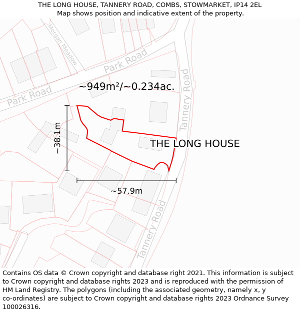THE LONG HOUSE, TANNERY ROAD, COMBS, STOWMARKET, IP14 2EL: Plot and title map
