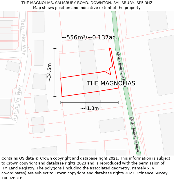 THE MAGNOLIAS, SALISBURY ROAD, DOWNTON, SALISBURY, SP5 3HZ: Plot and title map