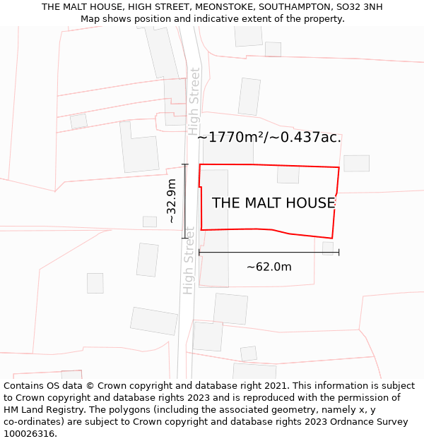 THE MALT HOUSE, HIGH STREET, MEONSTOKE, SOUTHAMPTON, SO32 3NH: Plot and title map