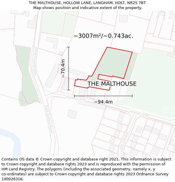 THE MALTHOUSE, HOLLOW LANE, LANGHAM, HOLT, NR25 7BT: Plot and title map