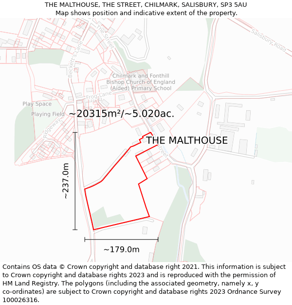 THE MALTHOUSE, THE STREET, CHILMARK, SALISBURY, SP3 5AU: Plot and title map