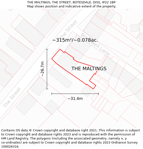 THE MALTINGS, THE STREET, BOTESDALE, DISS, IP22 1BP: Plot and title map