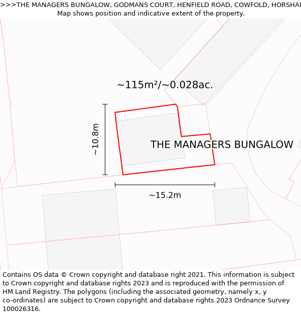 THE MANAGERS BUNGALOW, GODMANS COURT, HENFIELD ROAD, COWFOLD, HORSHAM, RH13 8DZ: Plot and title map