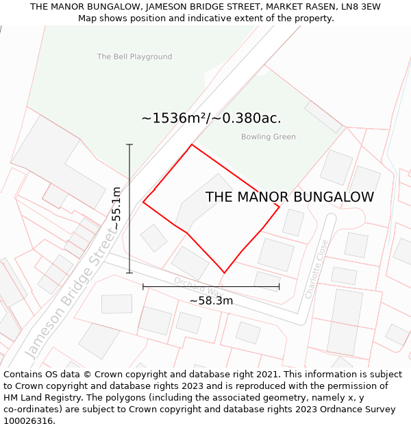 THE MANOR BUNGALOW, JAMESON BRIDGE STREET, MARKET RASEN, LN8 3EW: Plot and title map