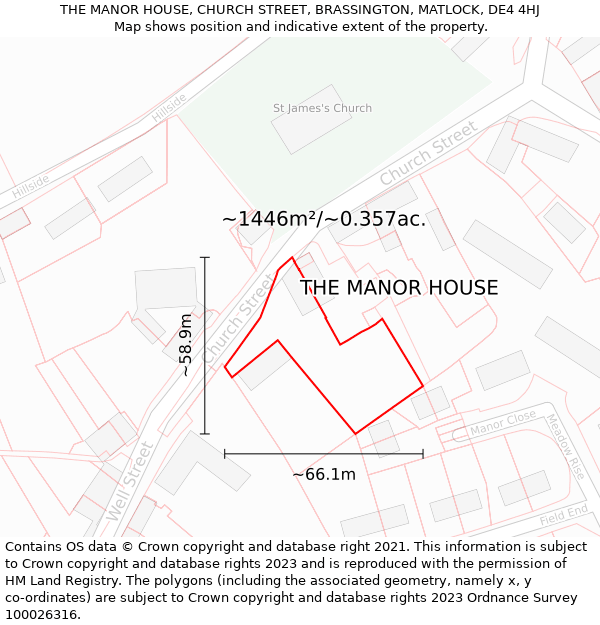 THE MANOR HOUSE, CHURCH STREET, BRASSINGTON, MATLOCK, DE4 4HJ: Plot and title map