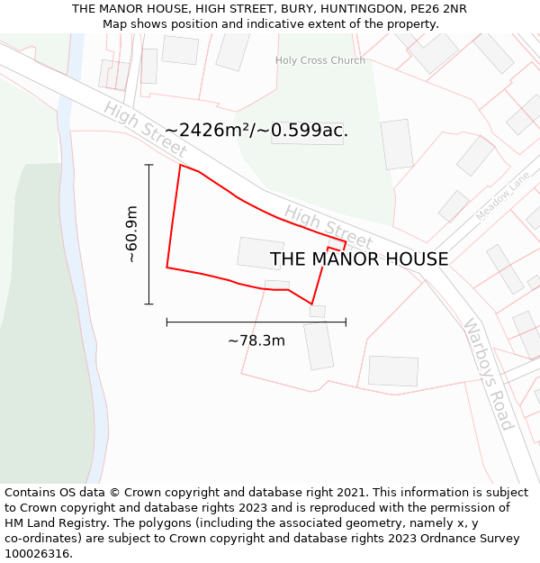 THE MANOR HOUSE, HIGH STREET, BURY, HUNTINGDON, PE26 2NR: Plot and title map