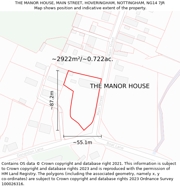 THE MANOR HOUSE, MAIN STREET, HOVERINGHAM, NOTTINGHAM, NG14 7JR: Plot and title map