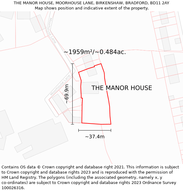 THE MANOR HOUSE, MOORHOUSE LANE, BIRKENSHAW, BRADFORD, BD11 2AY: Plot and title map