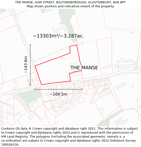 THE MANSE, HAM STREET, BALTONSBOROUGH, GLASTONBURY, BA6 8PT: Plot and title map