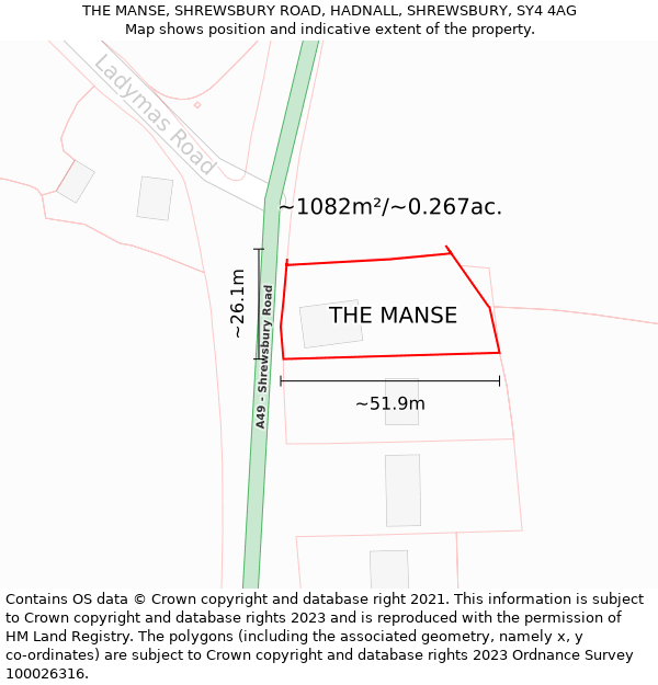 THE MANSE, SHREWSBURY ROAD, HADNALL, SHREWSBURY, SY4 4AG: Plot and title map