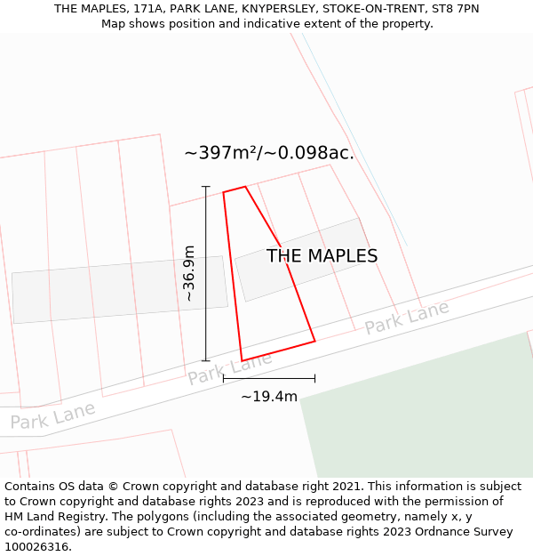 THE MAPLES, 171A, PARK LANE, KNYPERSLEY, STOKE-ON-TRENT, ST8 7PN: Plot and title map