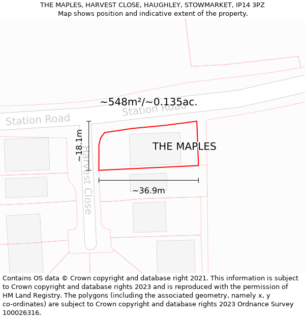 THE MAPLES, HARVEST CLOSE, HAUGHLEY, STOWMARKET, IP14 3PZ: Plot and title map