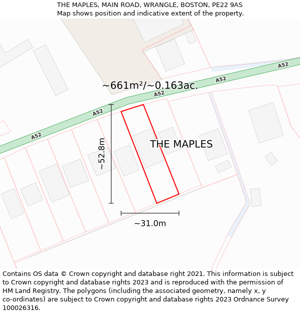 THE MAPLES, MAIN ROAD, WRANGLE, BOSTON, PE22 9AS: Plot and title map