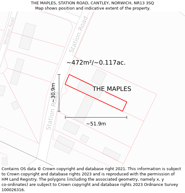 THE MAPLES, STATION ROAD, CANTLEY, NORWICH, NR13 3SQ: Plot and title map