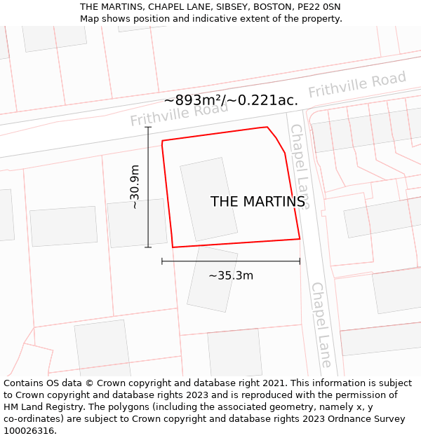 THE MARTINS, CHAPEL LANE, SIBSEY, BOSTON, PE22 0SN: Plot and title map