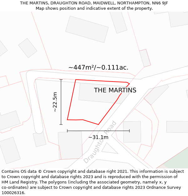 THE MARTINS, DRAUGHTON ROAD, MAIDWELL, NORTHAMPTON, NN6 9JF: Plot and title map