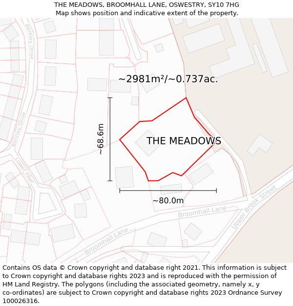 THE MEADOWS, BROOMHALL LANE, OSWESTRY, SY10 7HG: Plot and title map