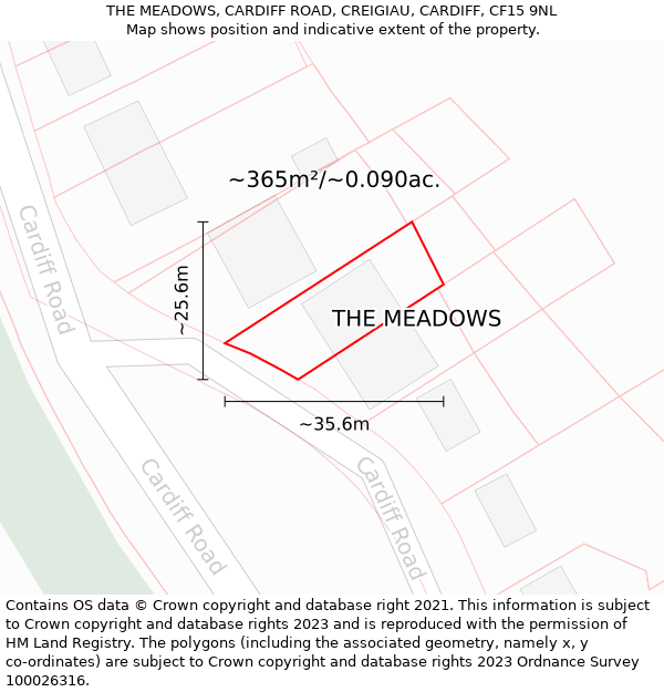 THE MEADOWS, CARDIFF ROAD, CREIGIAU, CARDIFF, CF15 9NL: Plot and title map
