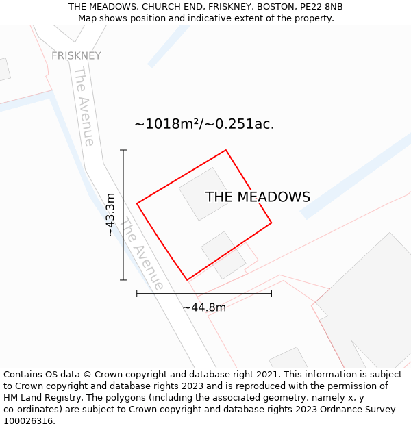 THE MEADOWS, CHURCH END, FRISKNEY, BOSTON, PE22 8NB: Plot and title map