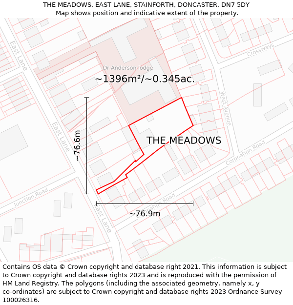 THE MEADOWS, EAST LANE, STAINFORTH, DONCASTER, DN7 5DY: Plot and title map