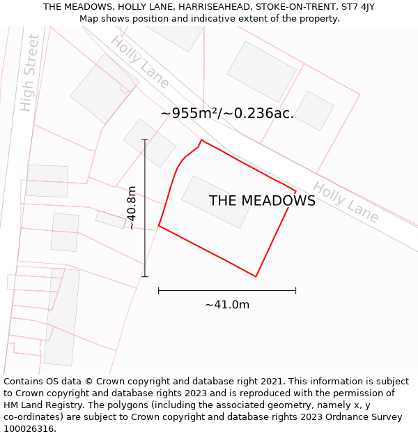 THE MEADOWS, HOLLY LANE, HARRISEAHEAD, STOKE-ON-TRENT, ST7 4JY: Plot and title map