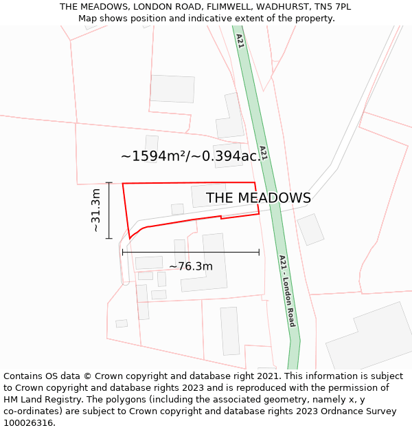 THE MEADOWS, LONDON ROAD, FLIMWELL, WADHURST, TN5 7PL: Plot and title map
