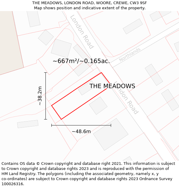 THE MEADOWS, LONDON ROAD, WOORE, CREWE, CW3 9SF: Plot and title map