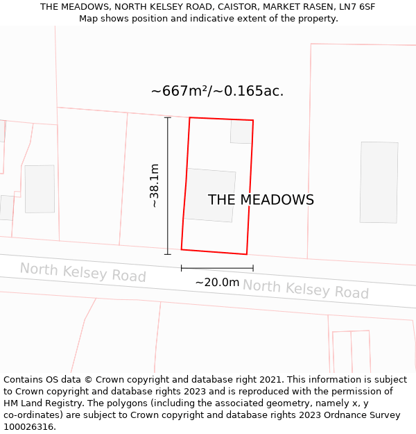 THE MEADOWS, NORTH KELSEY ROAD, CAISTOR, MARKET RASEN, LN7 6SF: Plot and title map