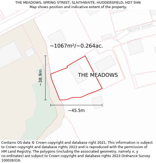THE MEADOWS, SPRING STREET, SLAITHWAITE, HUDDERSFIELD, HD7 5HN: Plot and title map