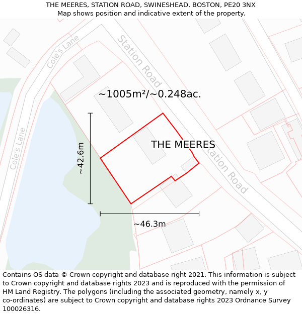 THE MEERES, STATION ROAD, SWINESHEAD, BOSTON, PE20 3NX: Plot and title map