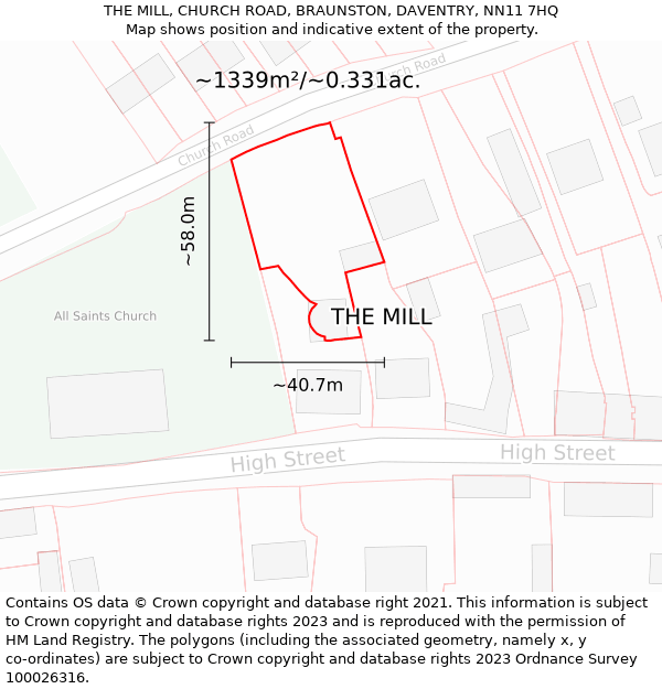 THE MILL, CHURCH ROAD, BRAUNSTON, DAVENTRY, NN11 7HQ: Plot and title map
