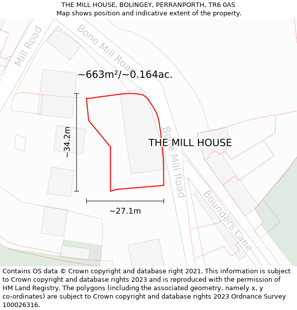 THE MILL HOUSE, BOLINGEY, PERRANPORTH, TR6 0AS: Plot and title map